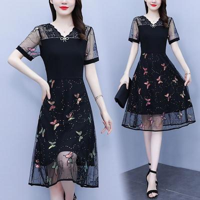 Large Size Women's Plus Size MM Hollow Sequins Butterfly Embroidery Mesh Splicing Stylish Dress