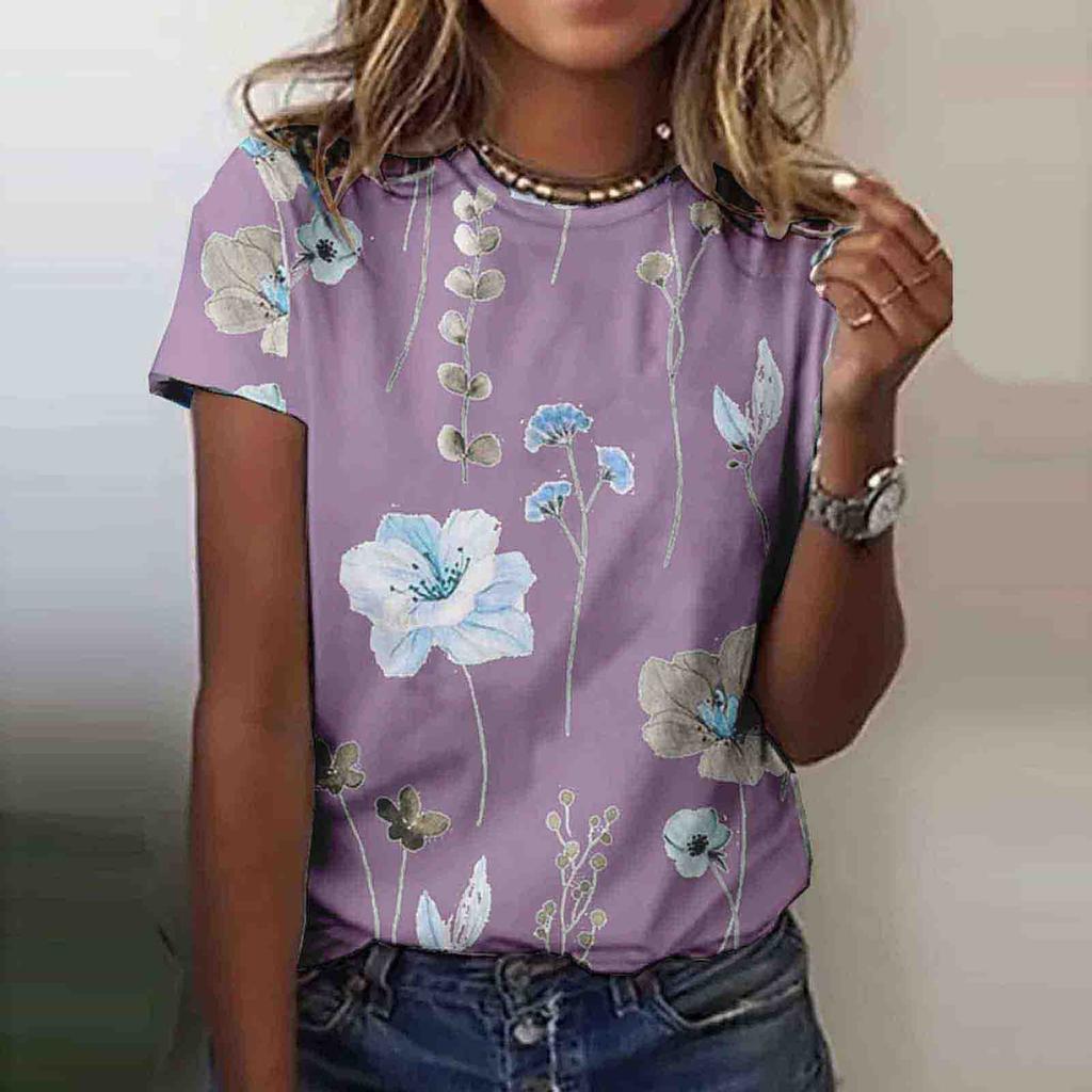 Women's Fashion Casual Short Sleeve Flower Print Round Neck Pullover Top Blouse