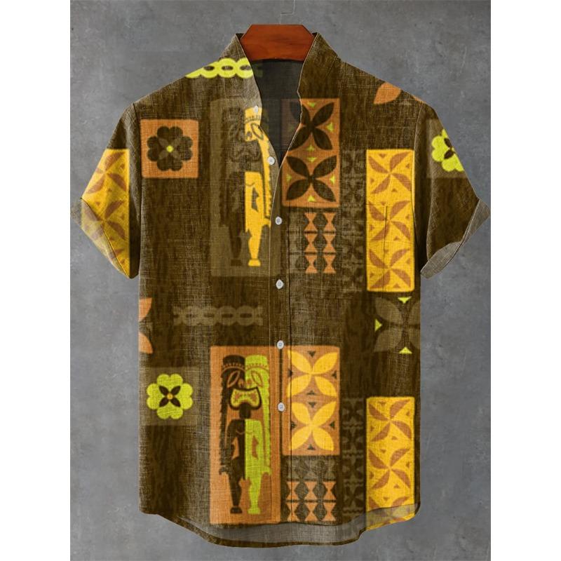 Men's Short Sleeve Shirt Vintage Ethnic Style Sunlight and Tree Illustration Art Wave Print Casual Linen Shirt,