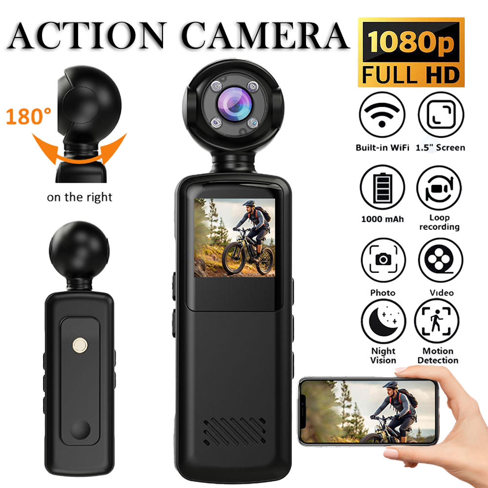 1080P Full HD Action Camera, Mini Body Camera with Video with Night Vision for Vlogging, 180 Rotatable Lens, Suitable for Traveling Cycling Motorcycle