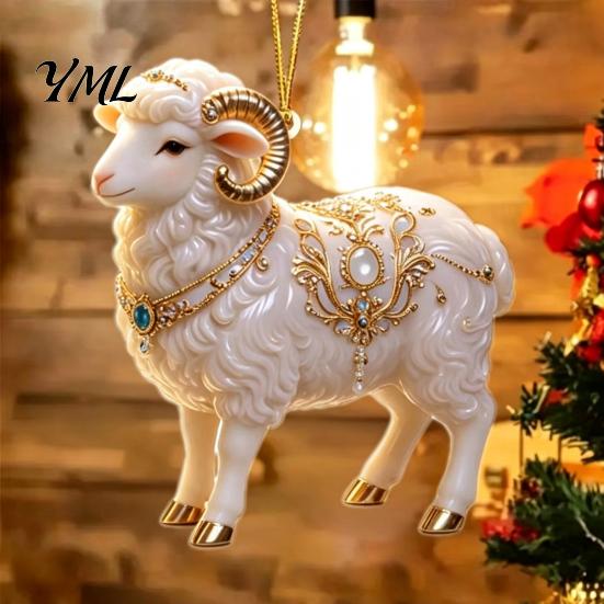 Decorative Acrylic Ornaments Goat Christmas Car Hanging Ornament, 2D Pendant with Festive Holiday String, Cute Animal Decor for Rearview Mirror, Party