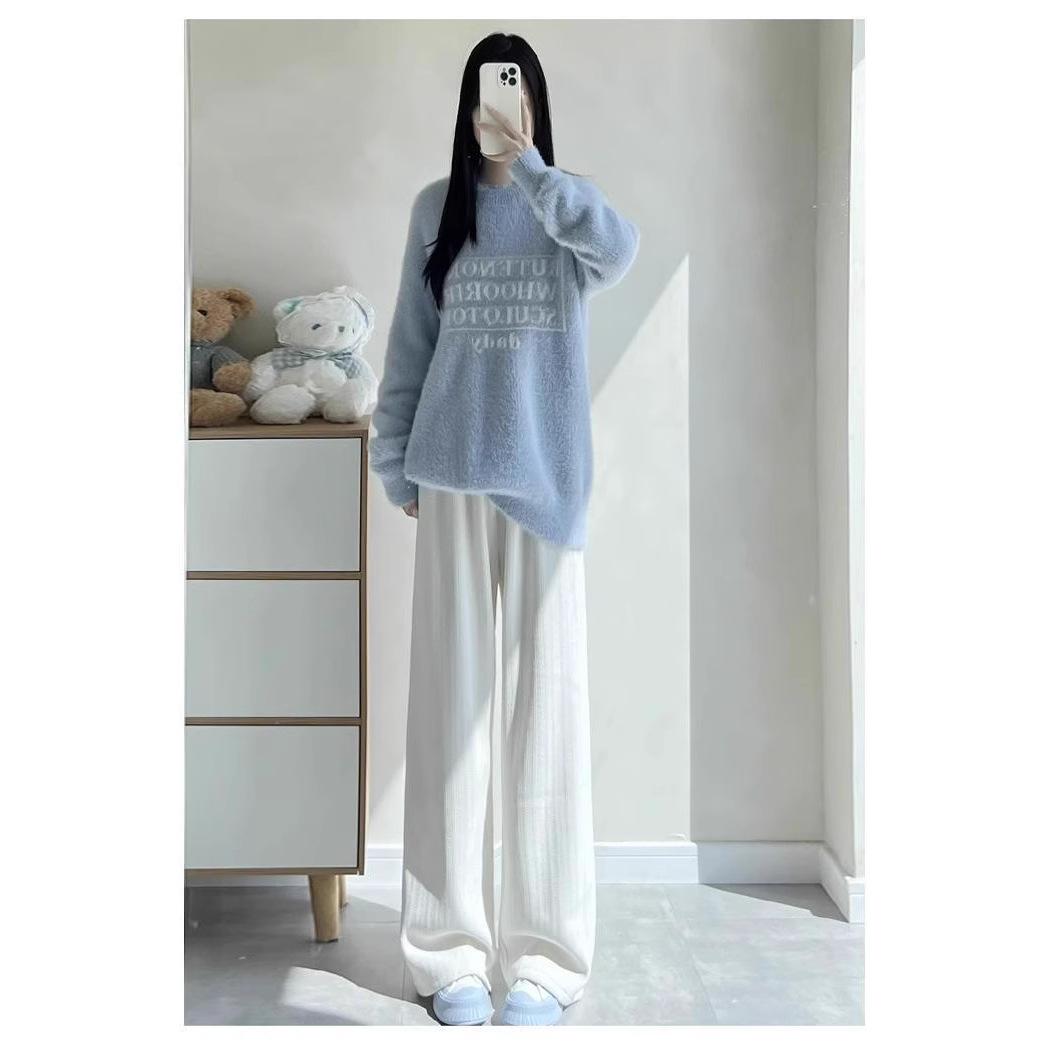 

Petite Women s High Waist White Fleece-Lined Wide Leg Casual Pants - Autumn Winter 145CM, Slim Fit, Thickened Wheat Ear Chenille Design. 2XL (131-150 lbs)