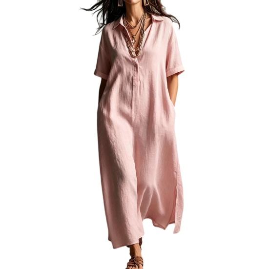Summer Cotton Linen Dress for Women Casual Loose Short Sleeve M розовый