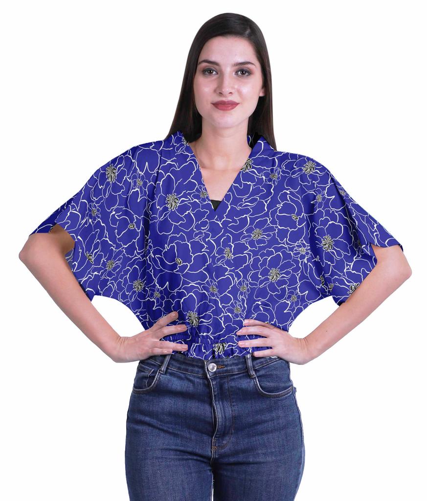 Moomaya Printed Boxy Sleeve Tops For Women V-Neck Elastic WaistA  Kimono Top