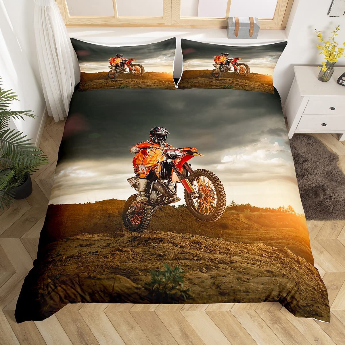 

Dirt Bike Duvet Cover Set Extreme Sports Motocross Rider Comforter Cool Motorbike Bedspread Queen Size EU single(135x200cm)