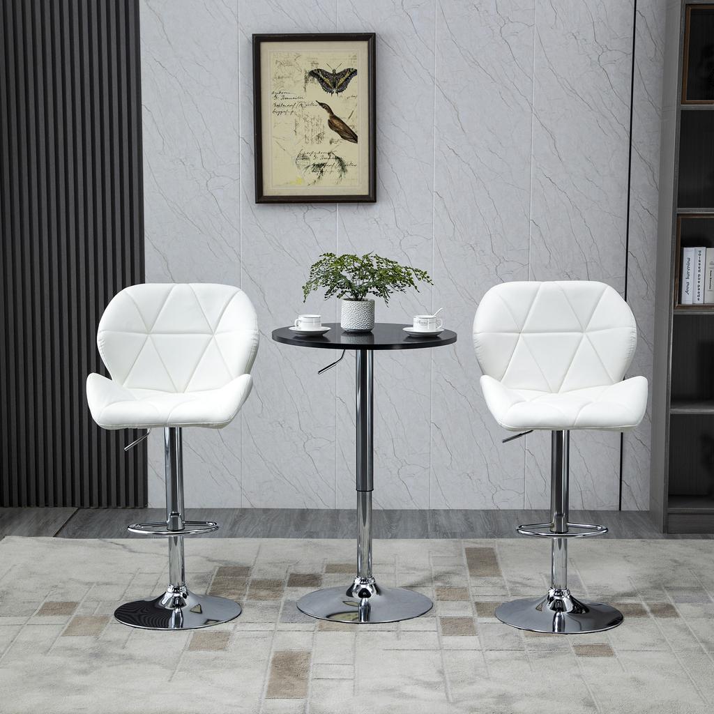 Set of 2 Bar Stools with Adjustable Height, Metal Base and PU Leather Seat, Kitchen Stools with Backrest and Footrest, 51.5x57.5x93-114.5cm, White
