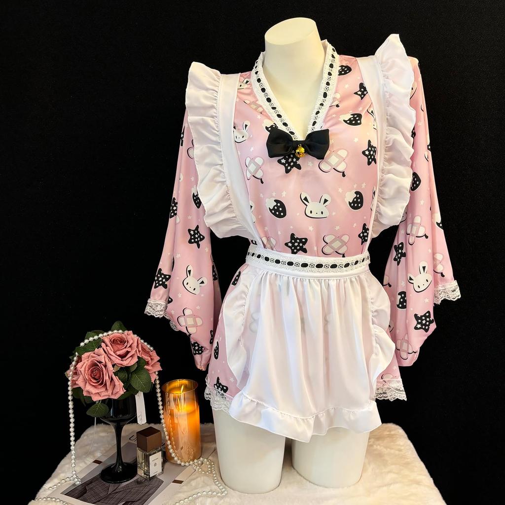 set Japanese sexy costume apron rabbit style Pink rabbit pattern Open front design One size fits most Adult lingerie for photoshoots costume Japanese