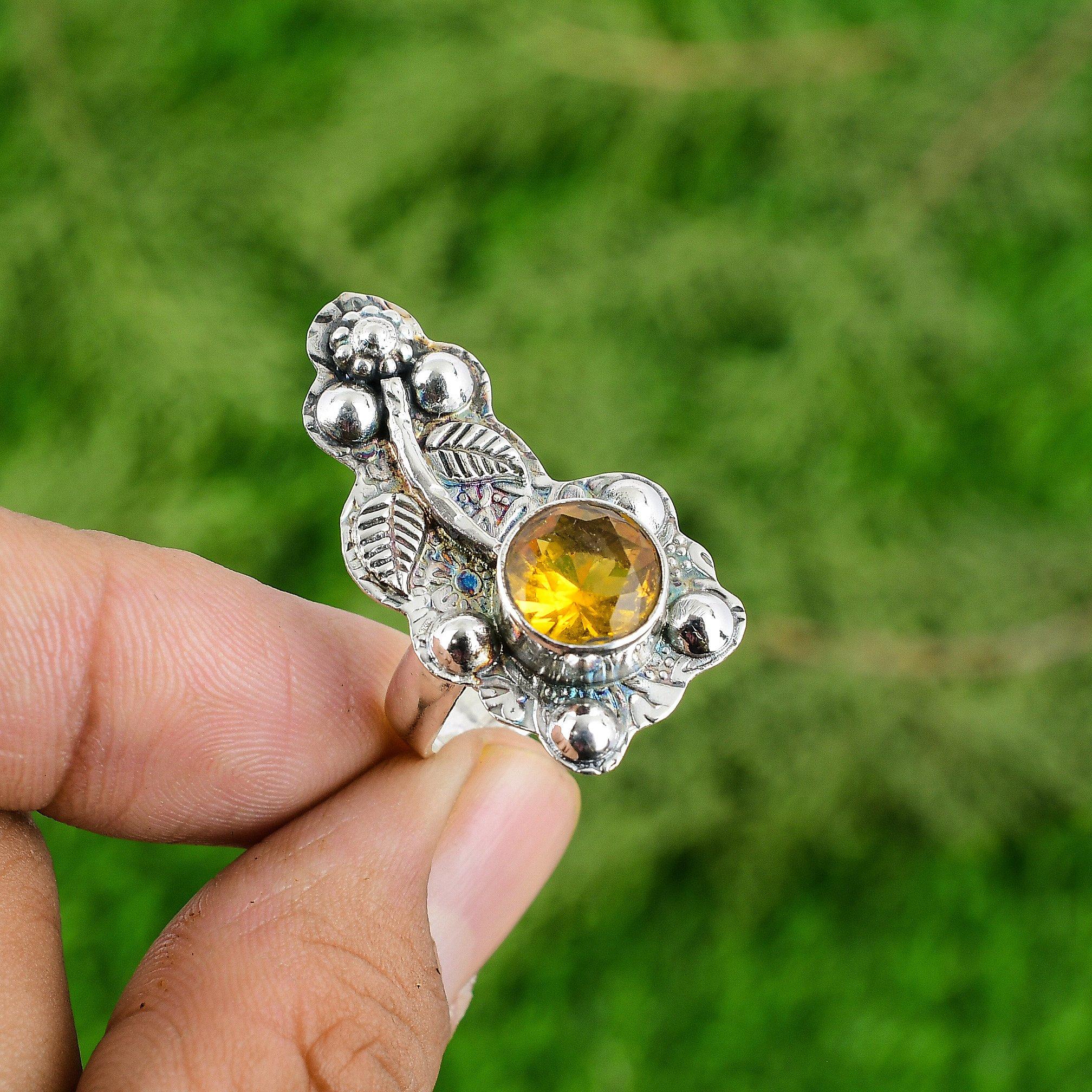 

925 Silver Round Citrine Stone Promise Stackable Flower Statement Ring Jewelry Adjustable