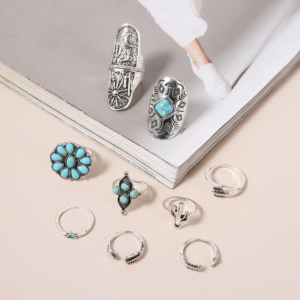Vintage Jewelry Cactus Turquoise Sunflower 9-Piece Alloy Set Ring