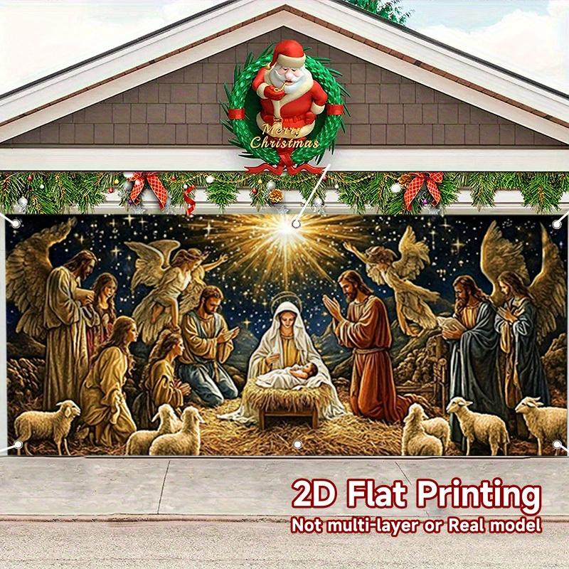 1 Christmas Happy garage door banner - Betleheim Star and Angel Shepherd scene, durable polyester decoration 100x150cm