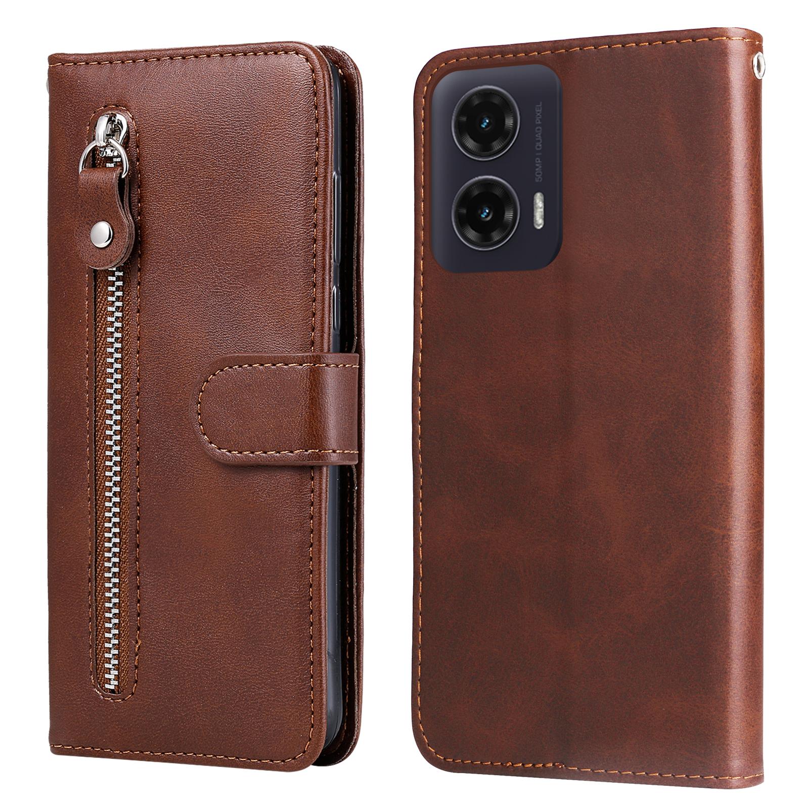 

For Motorola Moto G35 5G Case Zipper Wallet Calf Texture PU Leather Phone Cover Brown