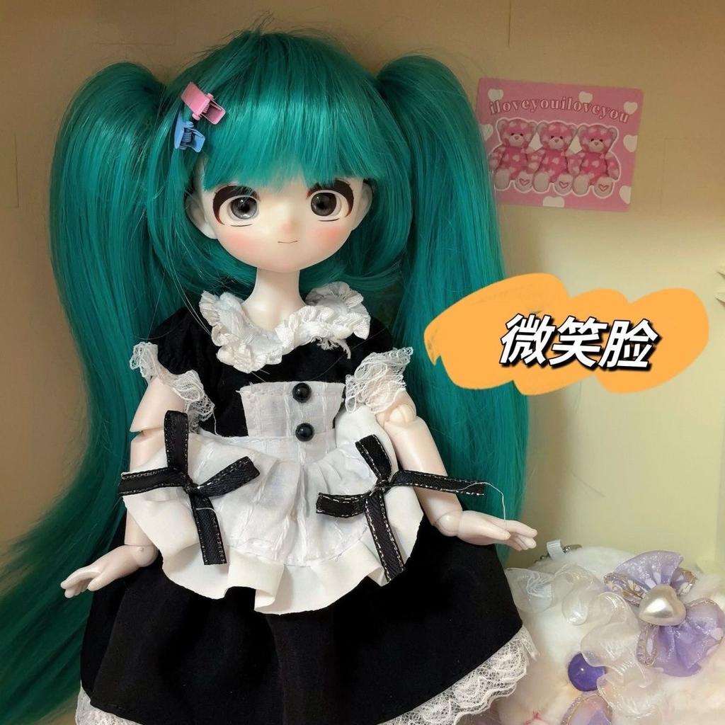 Green Twin Tail BJD Doll 3 Face Plates Maid Outfit Movable Joint Collectible Anime Girl Figure Dress Up Toy Gift For Doll Lovers