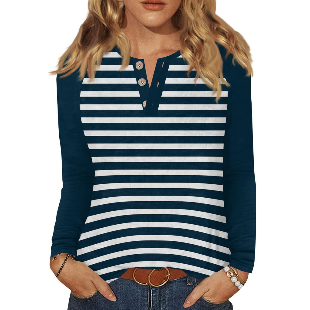 Dámské tričko s potiskem, knoflíky, dlouhý rukáv, denní, víkendová móda, základní, výstřih do V, běžný top