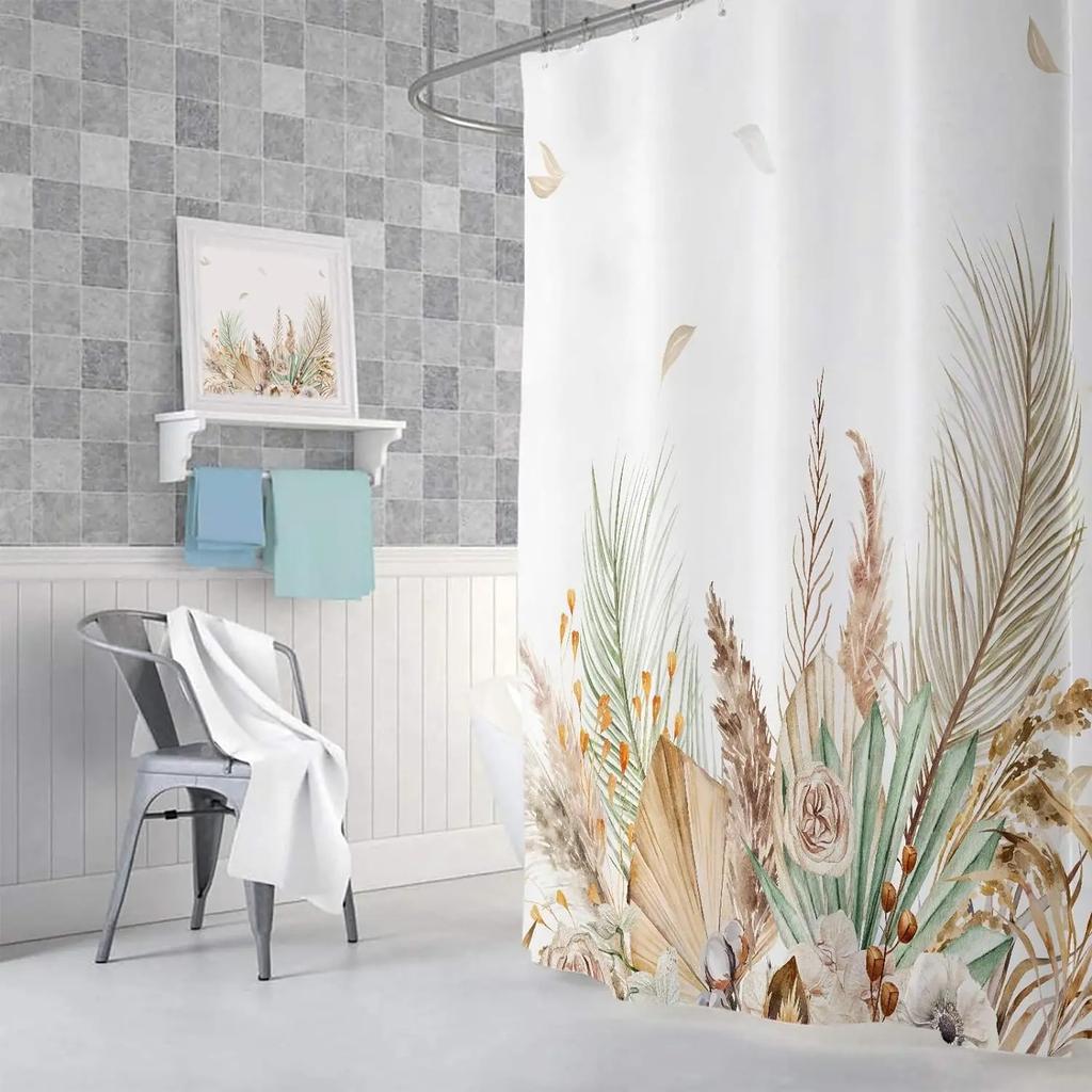 Boho Leaves Shower Curtain Tan Leaf With Floral Decorative Bath Curtain Polyester Fabric Waterproof Bathroom Curtain With Hooks