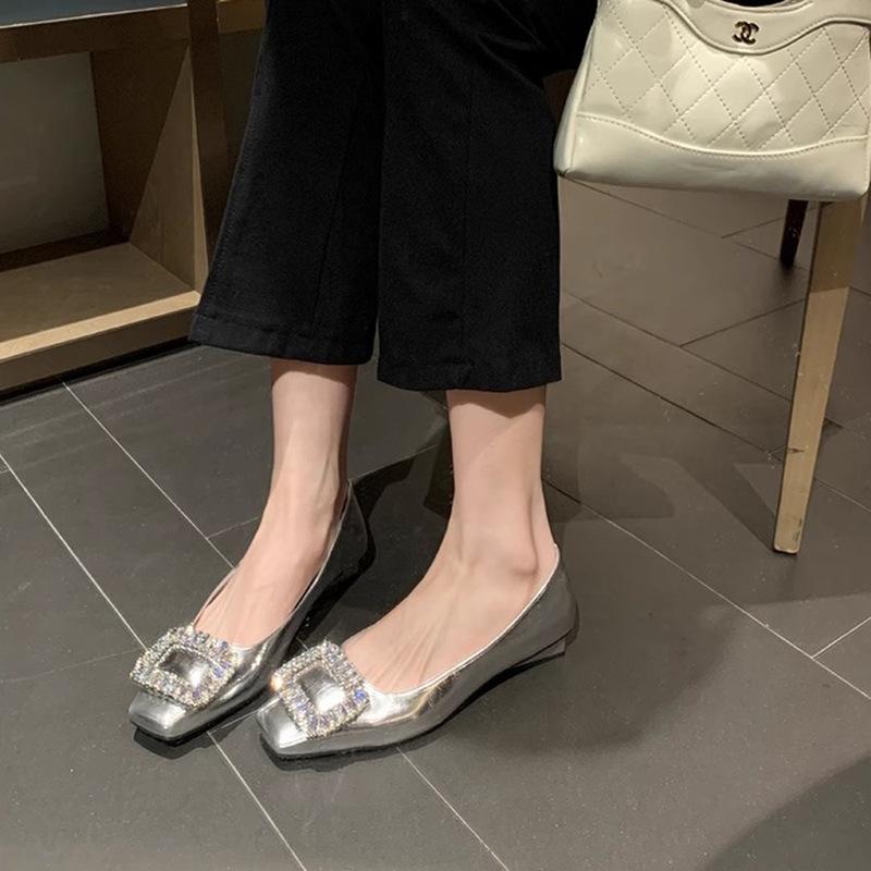 2025 spring new rhinestone square head light mouth silver flat-soled single shoes fairy soft leather temperament commuter women's shoes