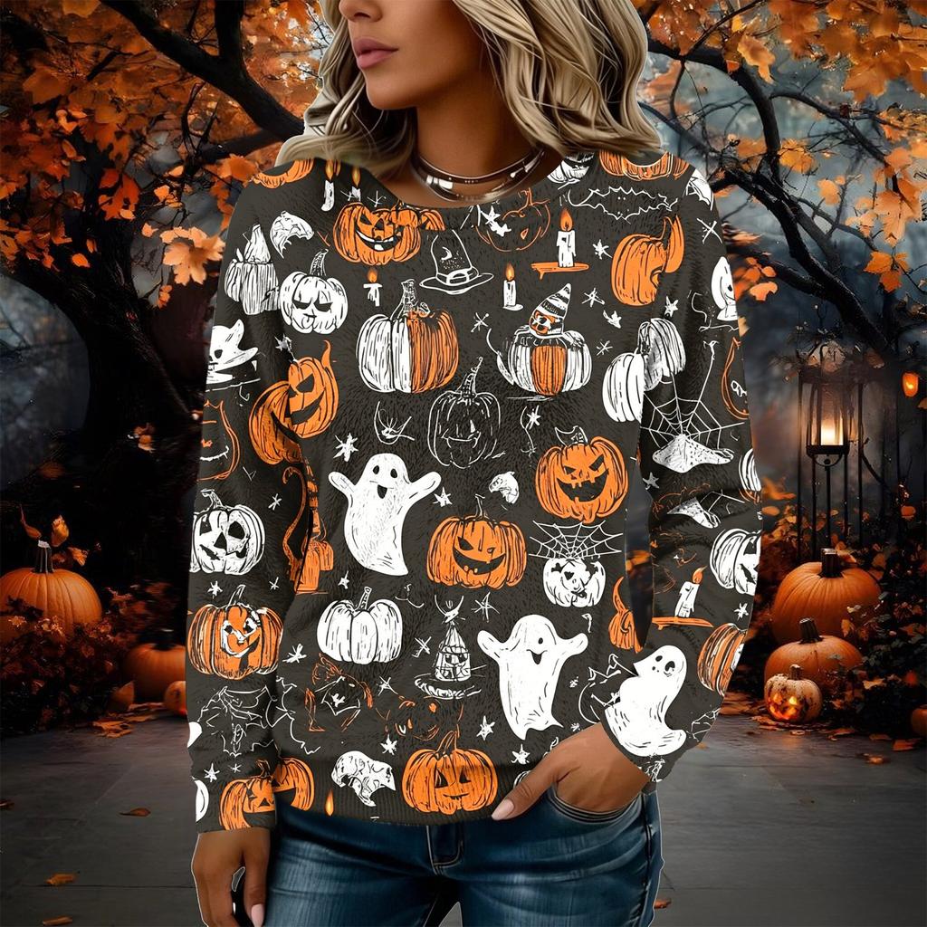 Women's Flannel Long Sleeve Top with Halloween Print Neck Pullover Shirt