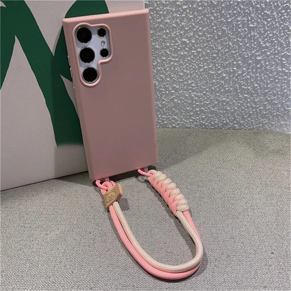 

Чехол с плетеным ремешком через плечо для Samsung S24 Ultra S23 FE S22 S21 Plus S20 FE A15 A05 A35 A55 A54 A34 A33 A53 A73 A52 A72, мягкий чехол Samsung A21S коричневый