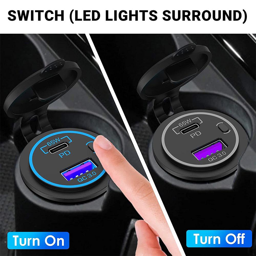 65 W PD-Autoladegerät, 12 V, 24 V, USB-Steckdose, Laptop, Motorrad, USB-C, PD, QC 3.0, USB-Anschluss, wasserdicht, mit Netzschalter für Wohnmobil