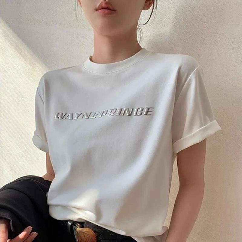 Summer 100% Cotton Women's T-shirts Korean 3D Letter Bottoming Basic Fashionable Women Short Sleeve Loose Y2k Tops White T Shirt