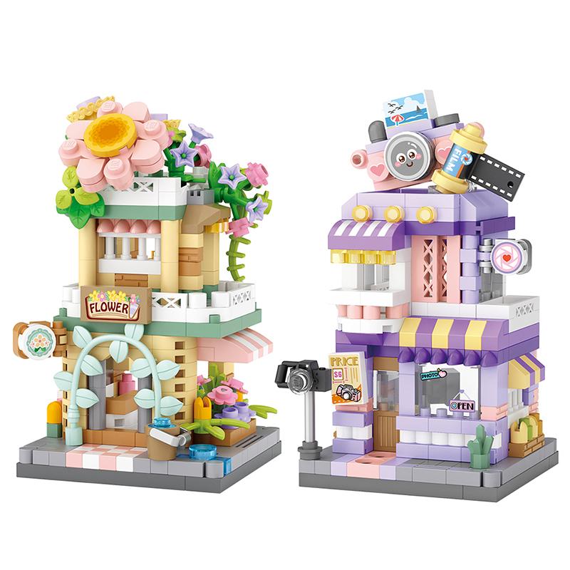 Bausteinset für die Stadtstraßenansicht, DIY-Eiscreme-, Kaffee- und Blumenladen-Modellbauspielzeug, ideal für die Heimdekoration und als Weihnachtsgeschenk
