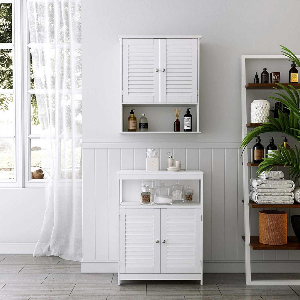 VASAGLE Wall Cabinet, Hanging Bathroom Storage Cabinet, Medicine Cupboard with Adjustable Shelf, Double Shutter Doors and Open Shelf, 60 x 20 x 70 cm