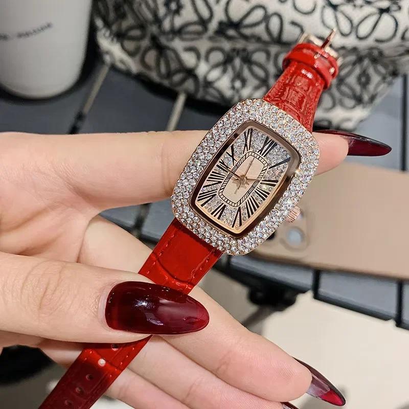 Trendige und modische Damen-Lederarmbanduhr mit Diamantbesatz, wasserdichtes Diamant-Weinfass, Damen-Quarzuhr
