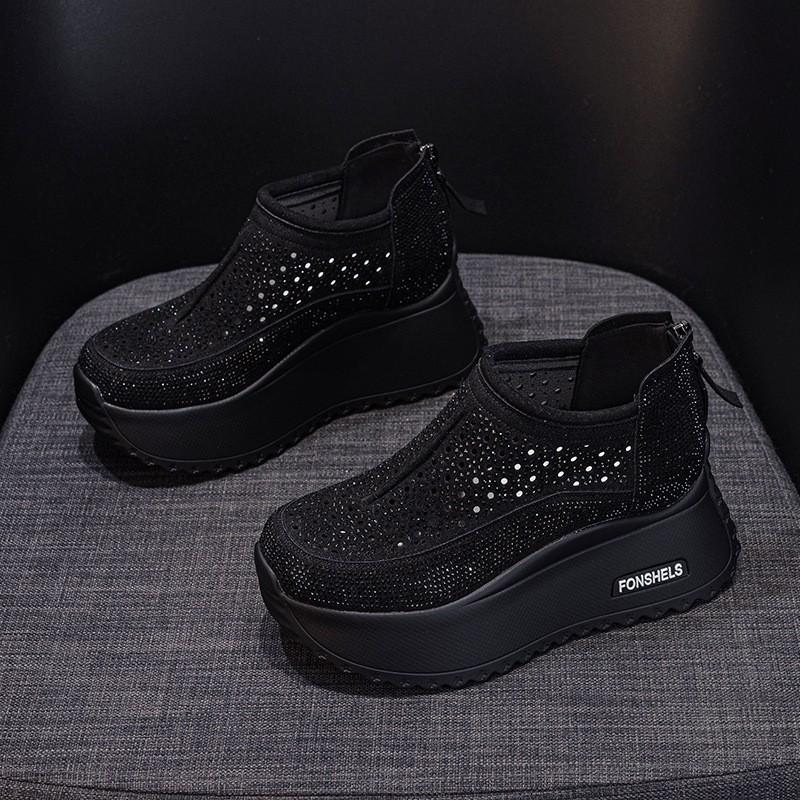 Summer 2025 Women's Rhinestone Round-Toe Sandals: Trendy, Breathable, Thick Sole, Height-Boosting Footwear