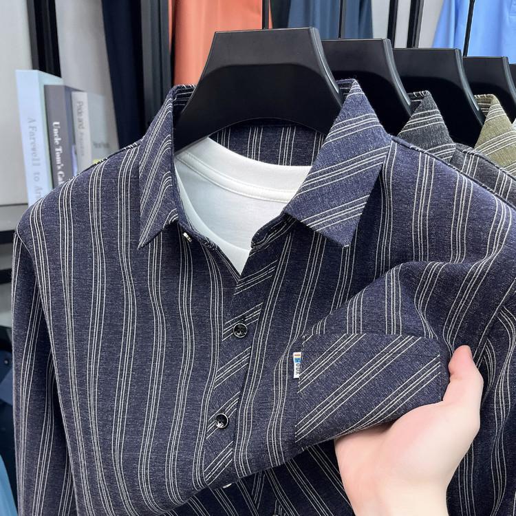 Men s Long Sleeve Shirt Summer Loose Fit Striped Lapel Collar M