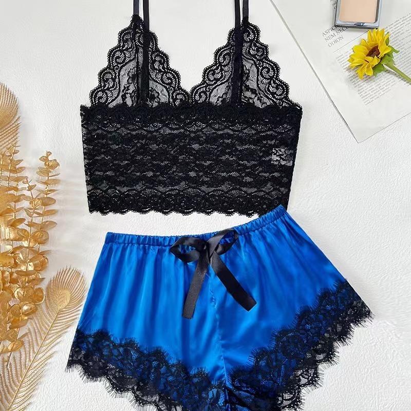 Damen Sexy Spitze Nachtwäsche Spitze Nachtkleid Dessous Ärmellos V-Ausschnitt Babydoll Pyjama Set Dessous Tops Shorts Set Nachtwäsche