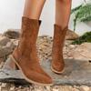 Stylish Mid-Tube Boots Women's Autumn New Pointed Toe Suede Embroidered Side Zip Anti-Slip Wear-Resistant Block Heel Western