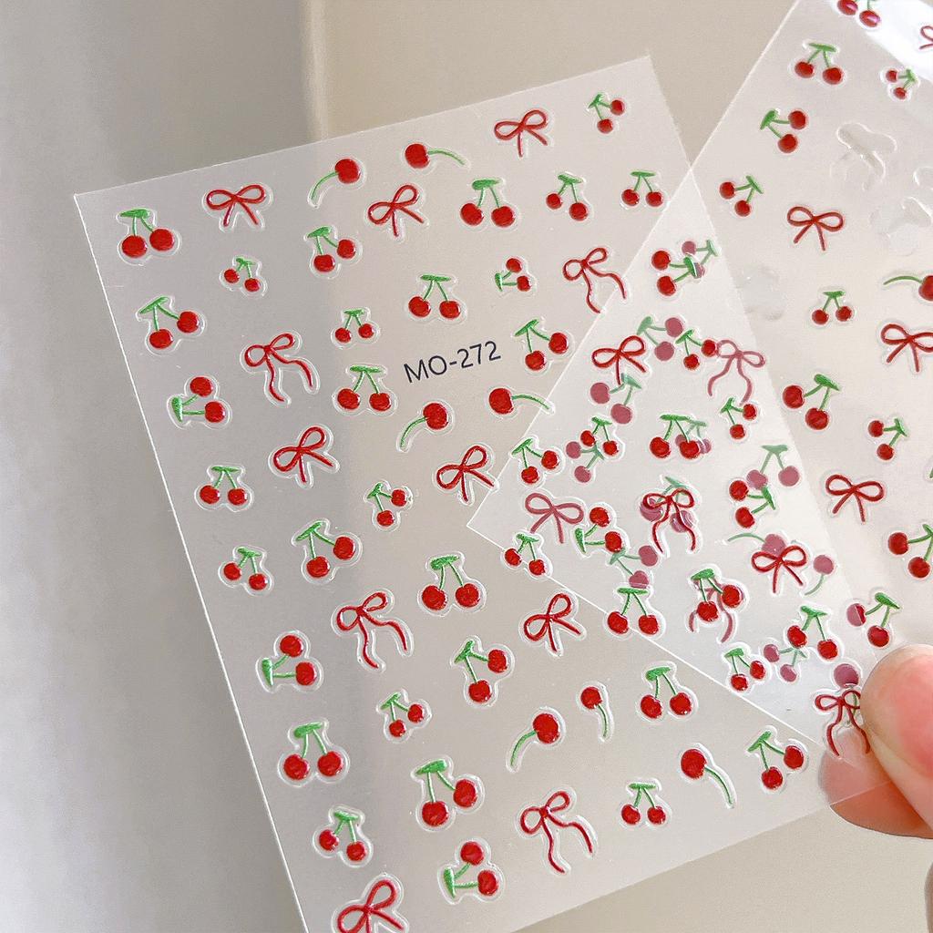Kawaii Cherry Bow Nail Stickers 5D French Cute Red Bow Fruit Design Self Adhesive Decoration Nails Stickers DIY Nail Accessories