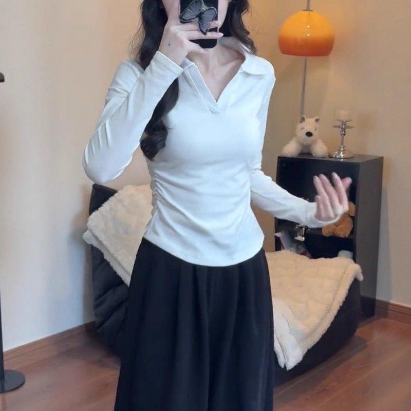 Polo collar shoulder long-sleeved T-shirt women s autumn and winter new pleated pure cotton thin bottoming shirt with top S（80-95） белый