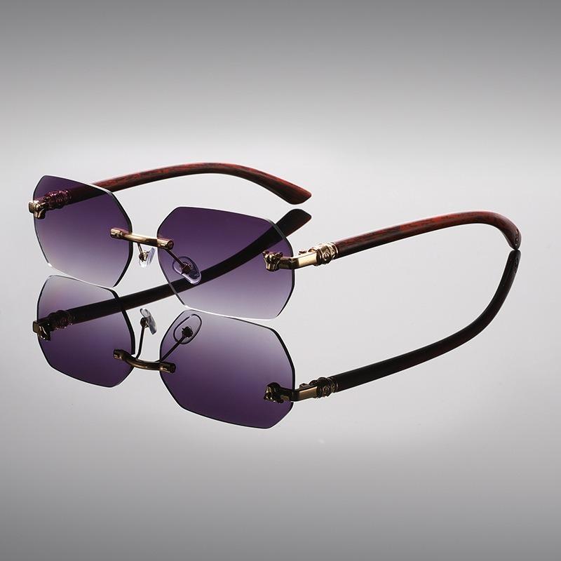 Frameless Polygonal Sunglasses With Cut Edges Women'S High-End Retro Glasses Men Wood Grain Legs Leopard Head Sun Glasses