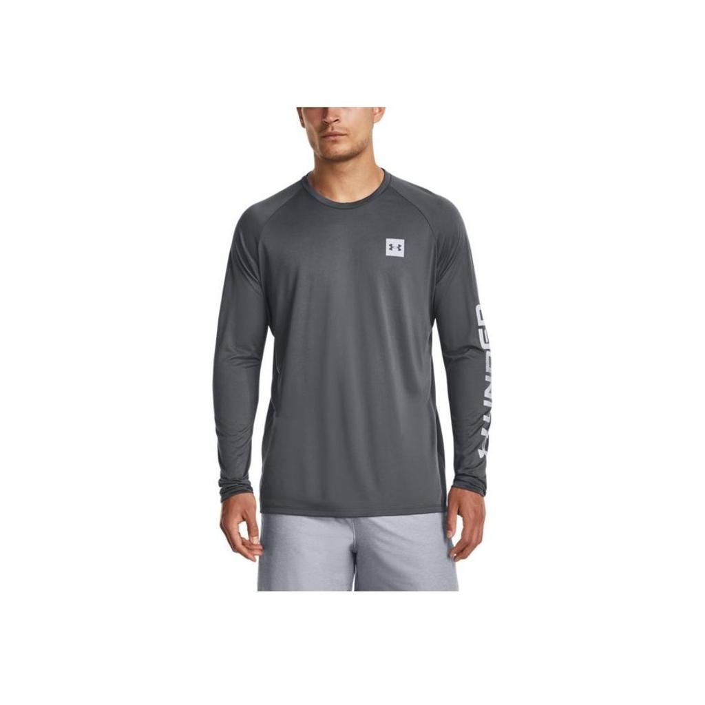Under Armour Tech Logo Printed American Vintage Training Crew Neck Long Sleeve T-Shirt Men Tops Gray 1379782-012