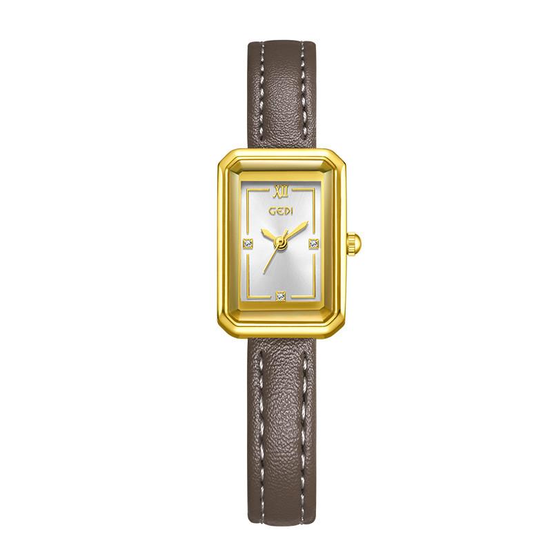 

Ladies Quartz Watch With Leather Strap And Square Dia For Women Gold Gray