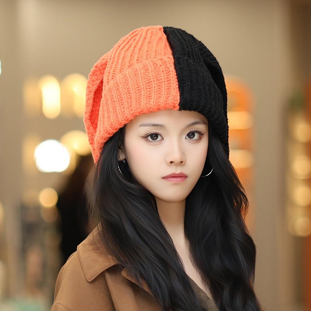 

Contrast Color Knitted Woolen Cap Cartoon Ear Protection Hat Casual Winter Beanies Cap for Women помаранчевий