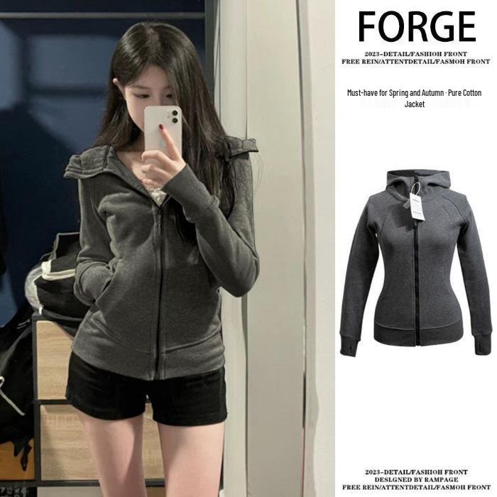 Women's Slim-Fit Hooded Jacket, American Style, Trendy Zipper Cardigan for Spring & Autumn, Versatile & Slimming Dopamine Dressing