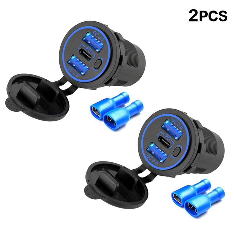 High Power 12V Quad Port USB Charger Socket With Button Switch 96W Dual USB C Outlet Fast Charging For Car RV Marine Vehicles