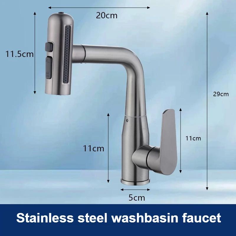 

4 Modes Waterfall Bathroom Faucets Stainless Steel Washbasin Faucet Hot and Cold Pull-out Mixer Tap Hand-washing Basin Faucet серый