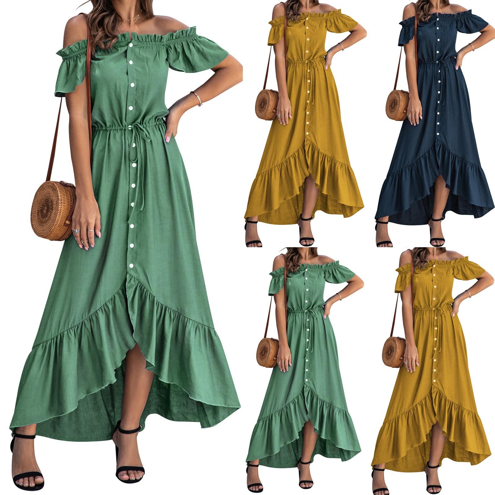 

Women s Solid Color Big Size Easy Ruffles Straight Shoulder Lnserting Bags Dress