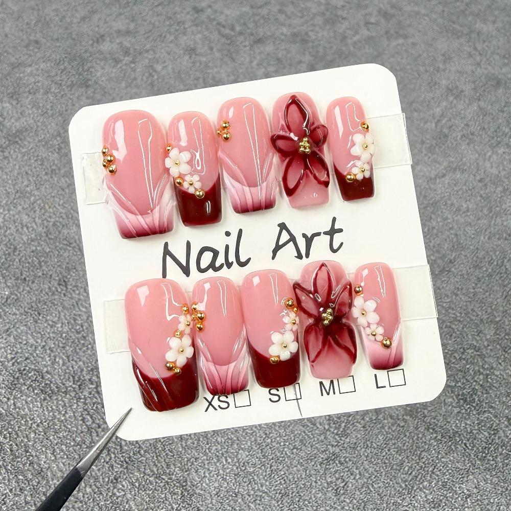 10Pcs Pink Flower Designs False Nails Sweet Extended Nail Extensions Fake Nail Tips  Nail Tool
