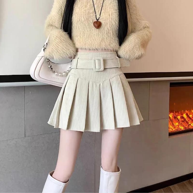 Womens High Waist Corduroy Pleated A Line Mini Skirt With Belt