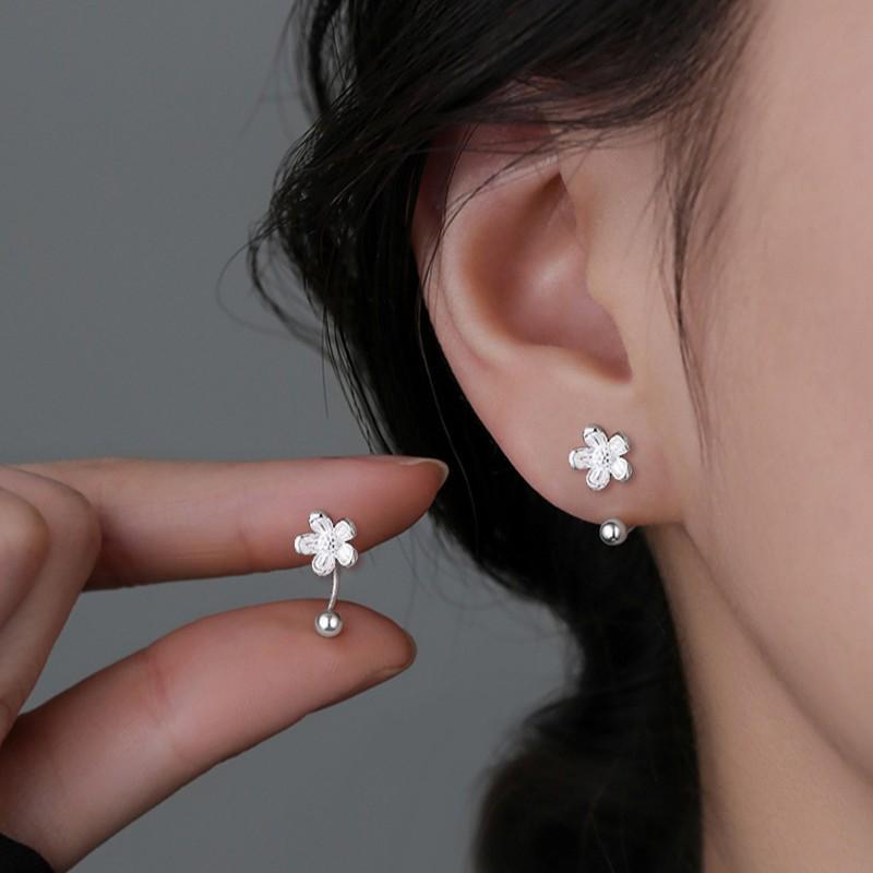 Screw-in Mini Daisy Stud Earrings, Simple Silver Peach Blossom Design for Women