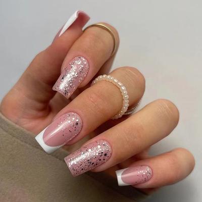 24Pcs/Set Quick Nails White French Silver False Nials Sticker Wearable Waterproof Manicure Finished Nails