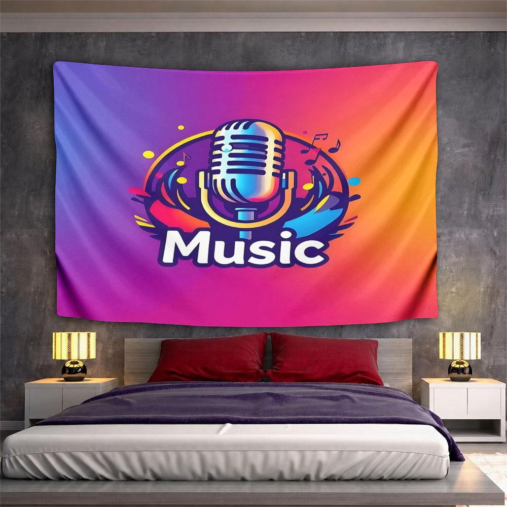 Colorful Retro Microphone with Music Notes Pattern Wall Hanging Tapestry Decorative Tapestry Home Decor for Bedroom and Living Room