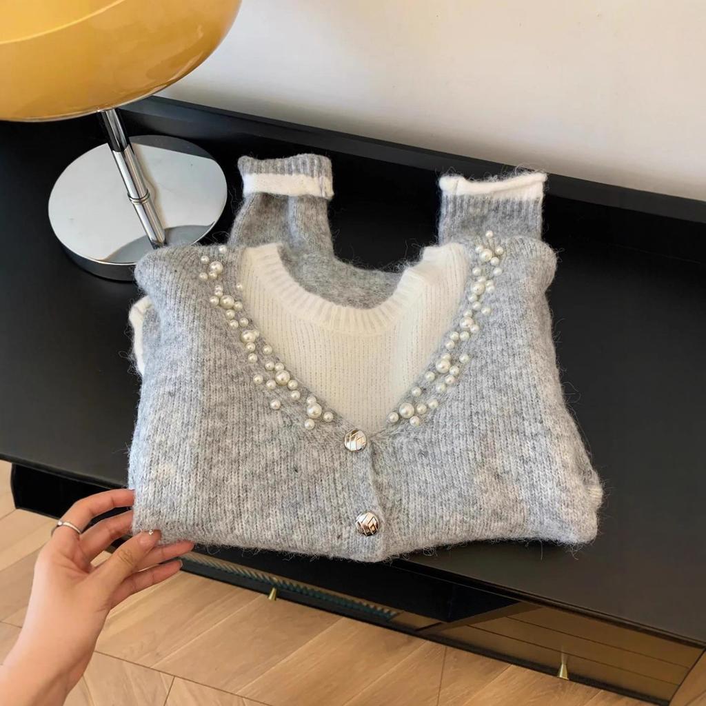 Grey stacked fake two-piece top women's lazy style temperament knitted sweater