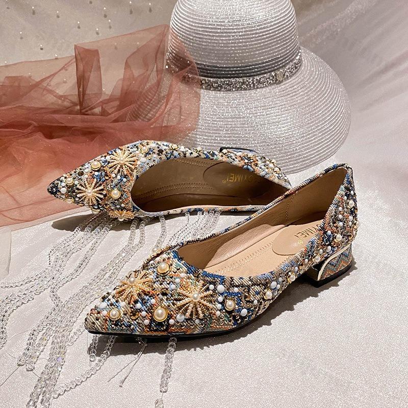Women Pointed Toe High Heels 2026 Autumn New Ladies Retro Style Rhinestone Decorate Party Dress Pumps Size 34-42 Zapatos Mujer