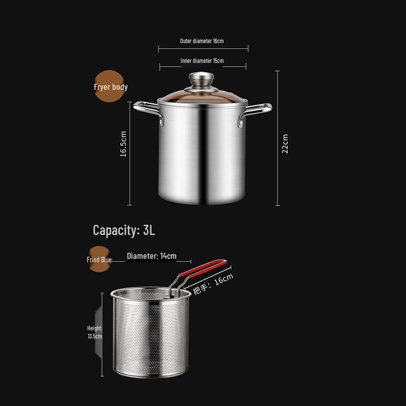 304 Stainless Steel Deep Fryer with Wooden Handle and Filter Basket for Induction Cooker