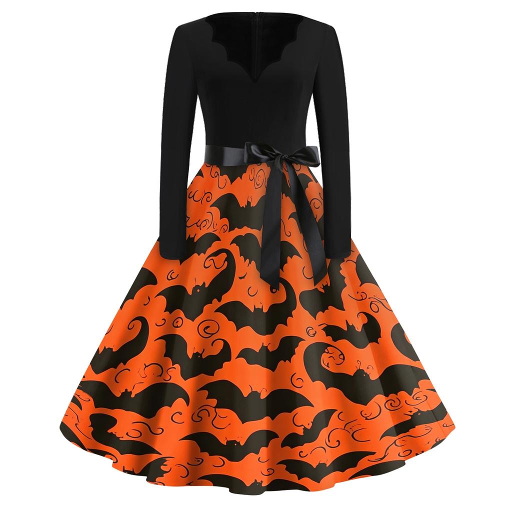 Women's Casual Vintage Halloween Dress V Neck Long Sleeve Bat Print A Line Skirt Retro Style Belted Waist Swing Dress