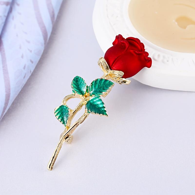 [Red Rose Brooch] Elegant Red Rose Alloy Brooch with Green Leaves | Chic Collar Pin for Dresses, Sweaters & Coats | Perfect Gift for Birthdays, Mother